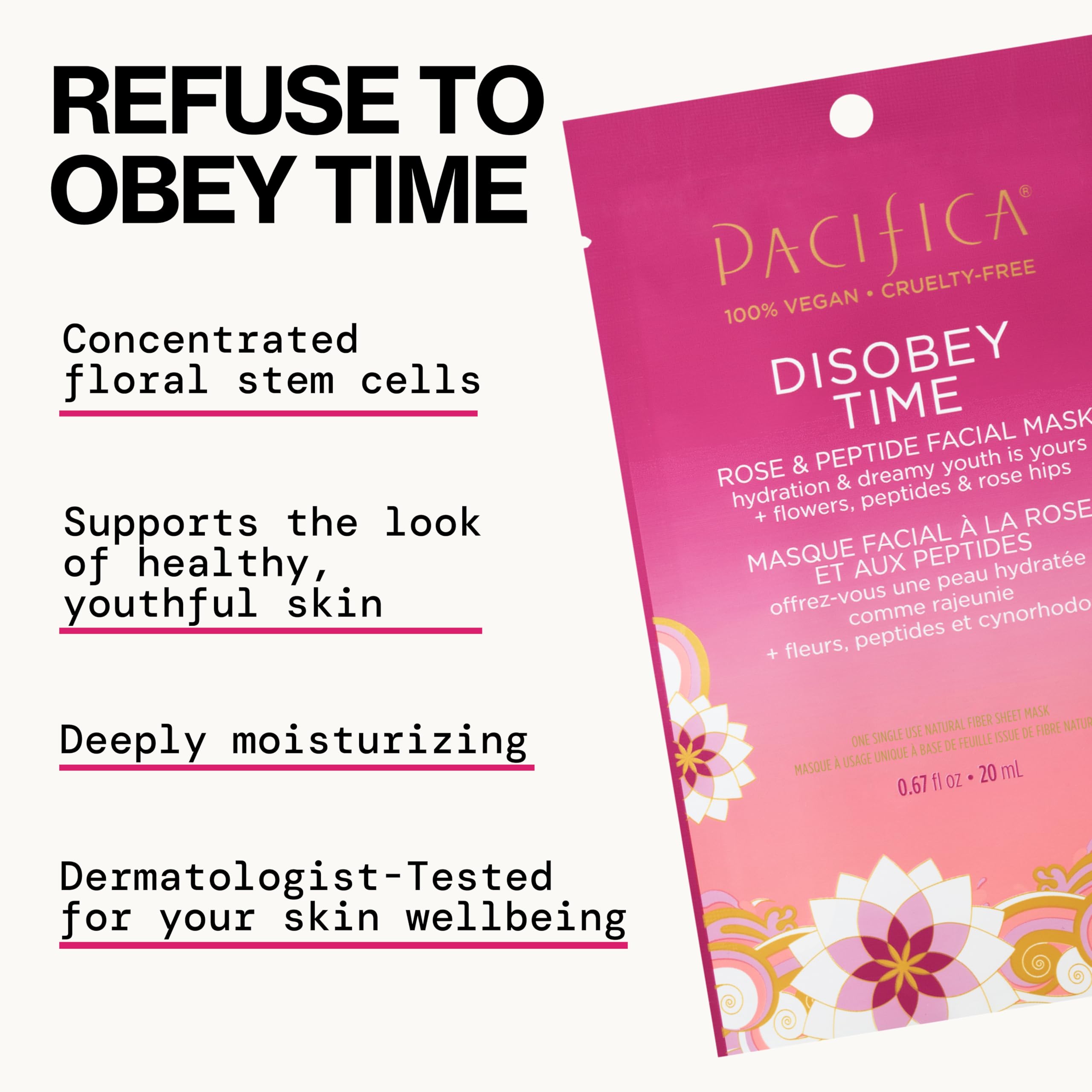 Rose hip oil detail in Pacifica Disobey Time Mask highlights brightening repair potential.