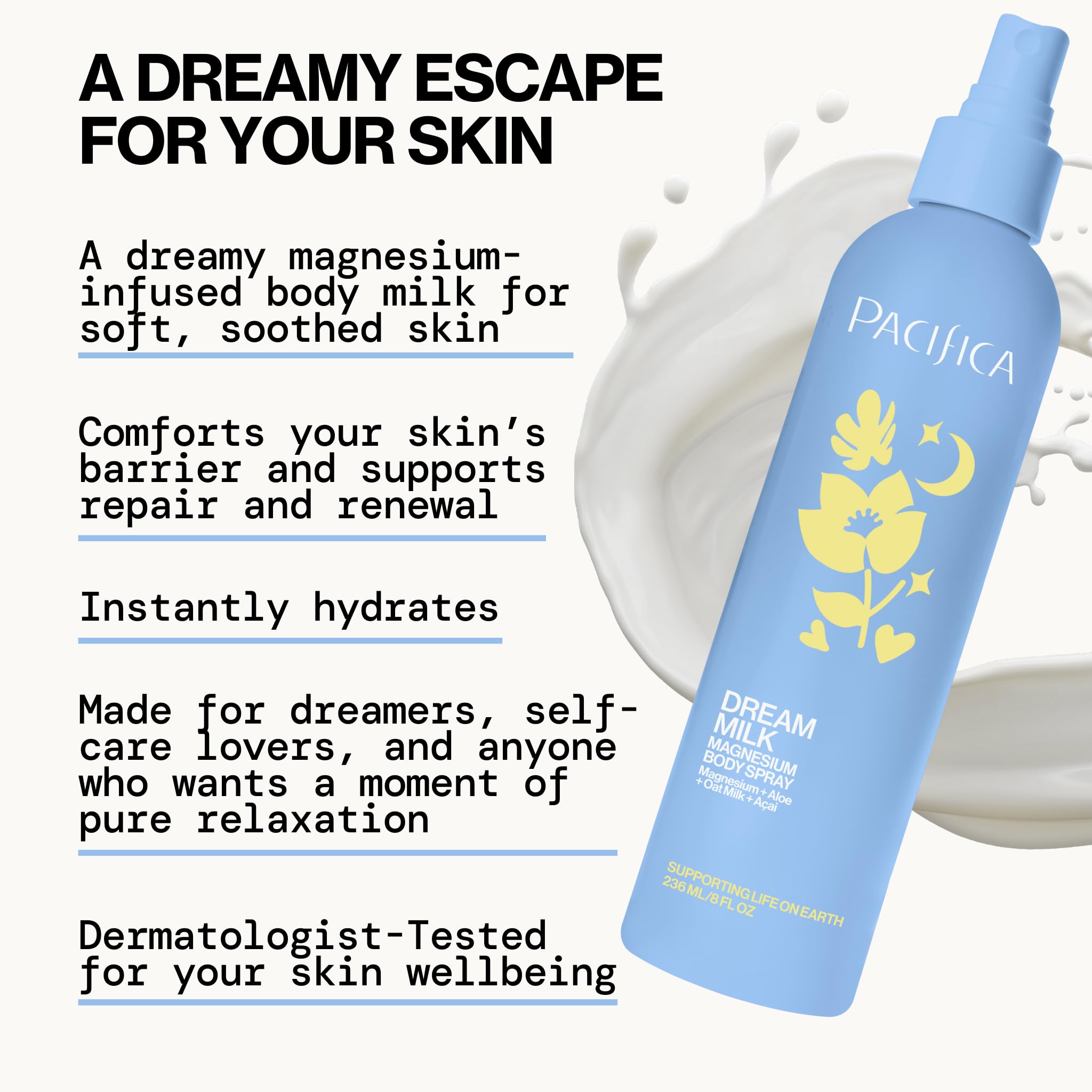 Pacifica Dream Milk with lavender and chamomile botanicals, highlights calming oils