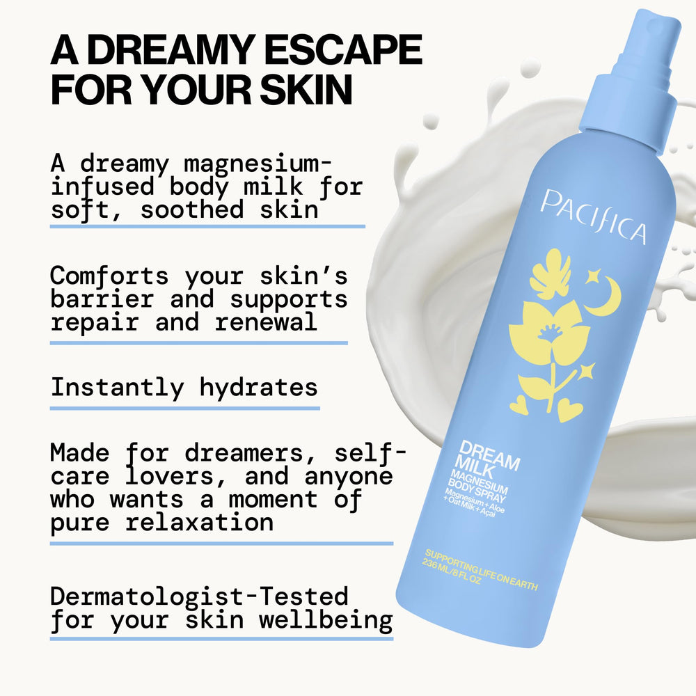 Pacifica Dream Milk with lavender and chamomile botanicals, highlights calming oils