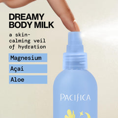 Pacifica Dream Milk textured spray droplets on skin, shows fast absorption benefit