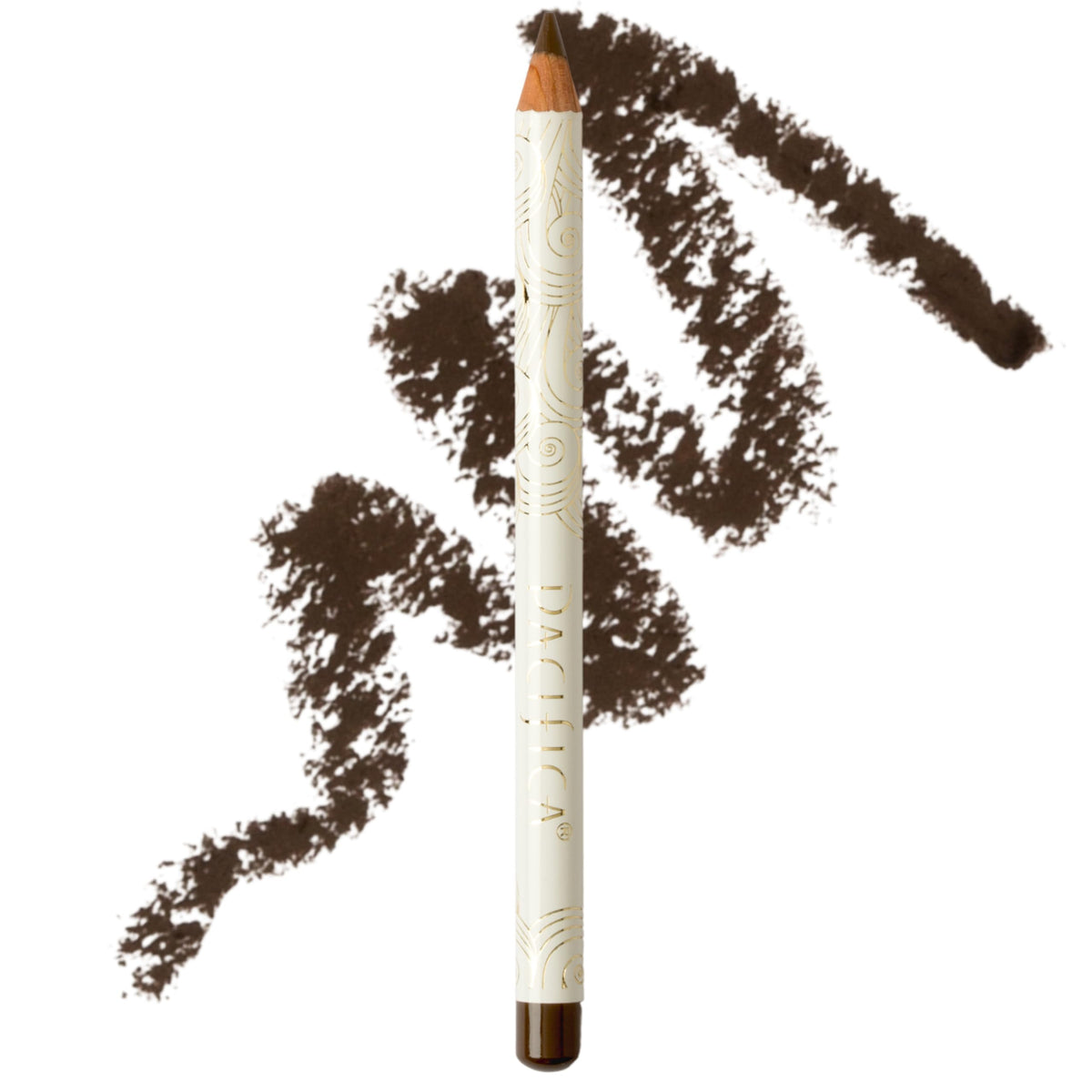 Pacifica Fringe Waterproof Eyeliner Pencil pigment swatch shows rich brown color for daily definition.