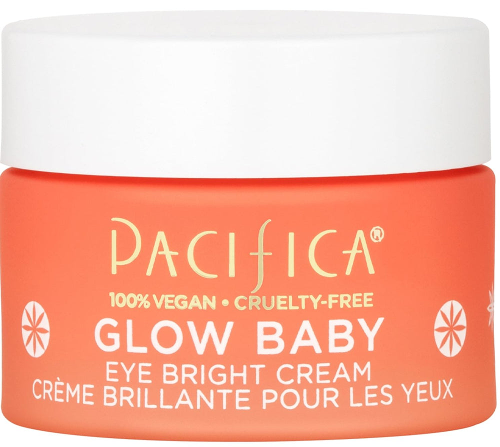 Pacifica Glow Baby Eye Cream tube closeup highlights brightening vitamin C effect.