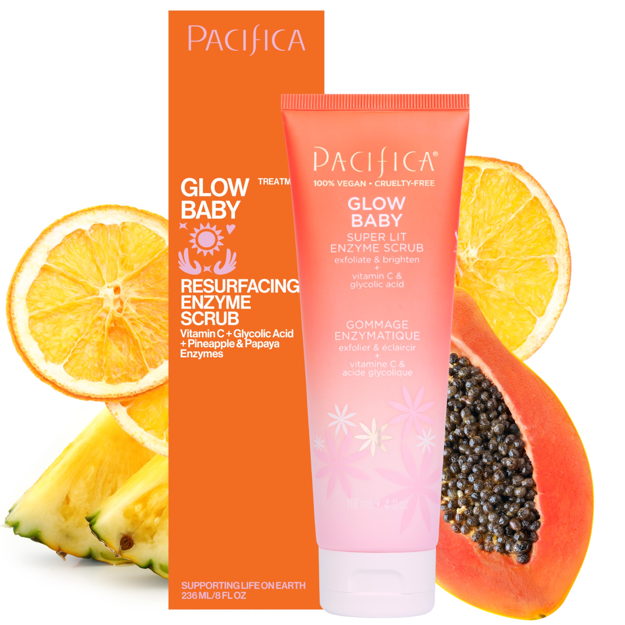Pacifica Glow Baby Scrub bottle close-up showing vegan formula for radiant skin