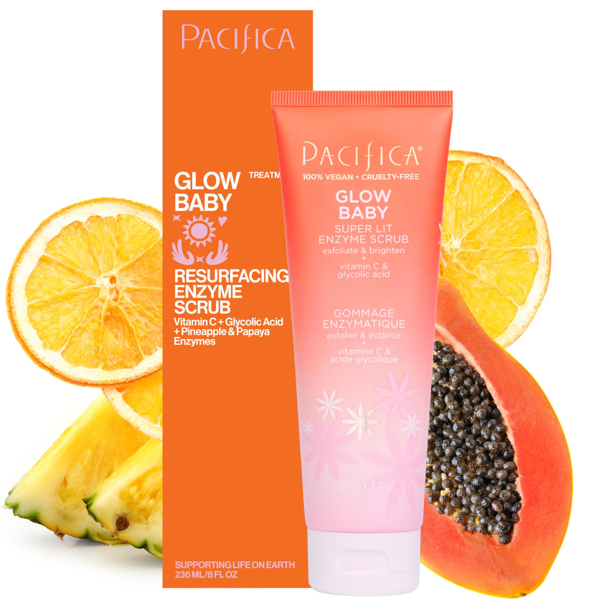 Pacifica Glow Baby Scrub bottle close-up showing vegan formula for radiant skin