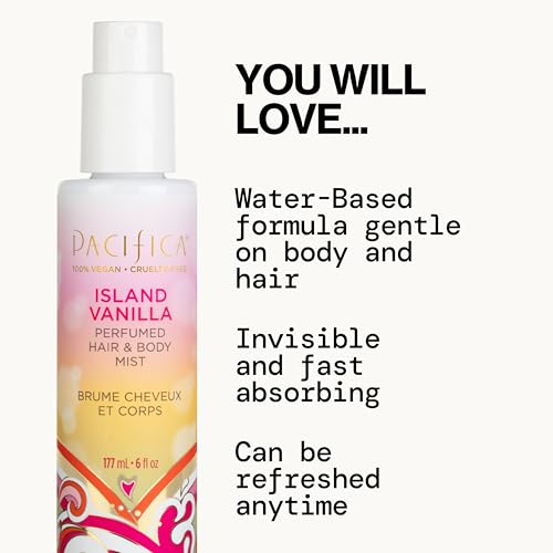 Pacifica Island Vanilla body spray bottle for all-day subtle vanilla glow.
