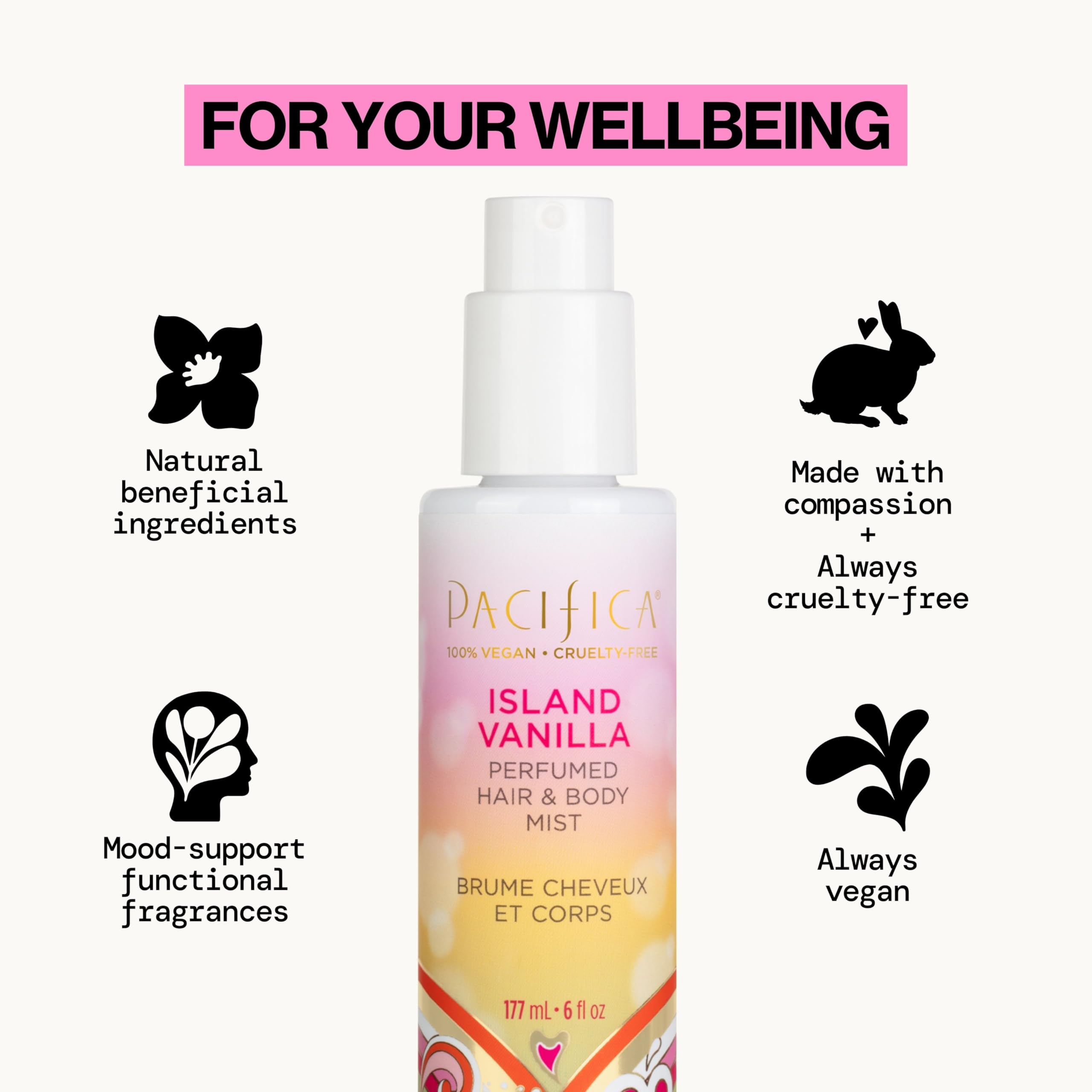 Pacifica Island Vanilla heart-note fragrance with jasmine and vanilla orchid.