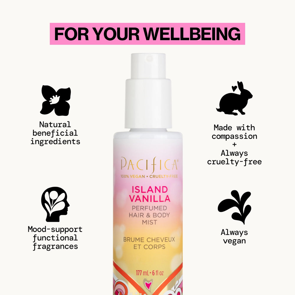 Pacifica Island Vanilla heart-note fragrance with jasmine and vanilla orchid.