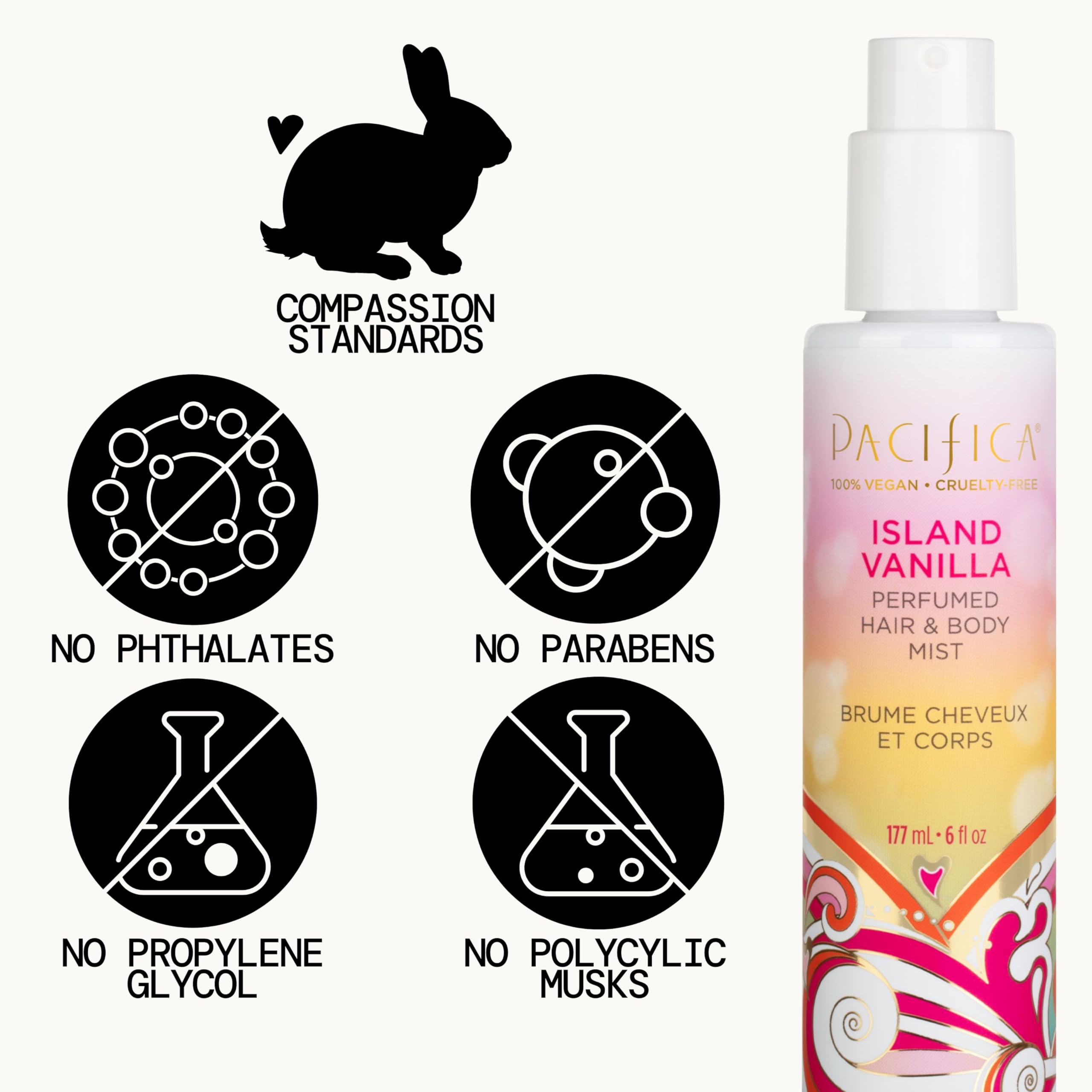 Pacifica Island Vanilla cruelty-free and vegan fragrance for clean beauty lovers.