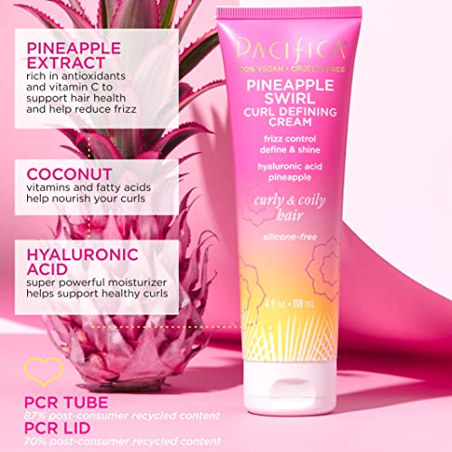 Pacifica Pineapple Swirl Curl Cream dispenser close-up emphasizing lightweight formula for curls.