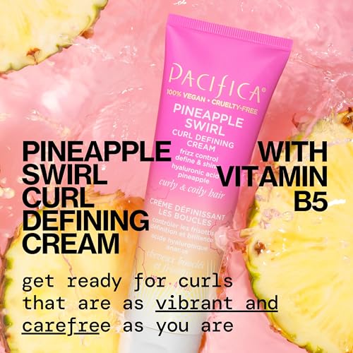 Pacifica Pineapple Swirl Curl Cream on a bathroom shelf suggesting easy daily styling.