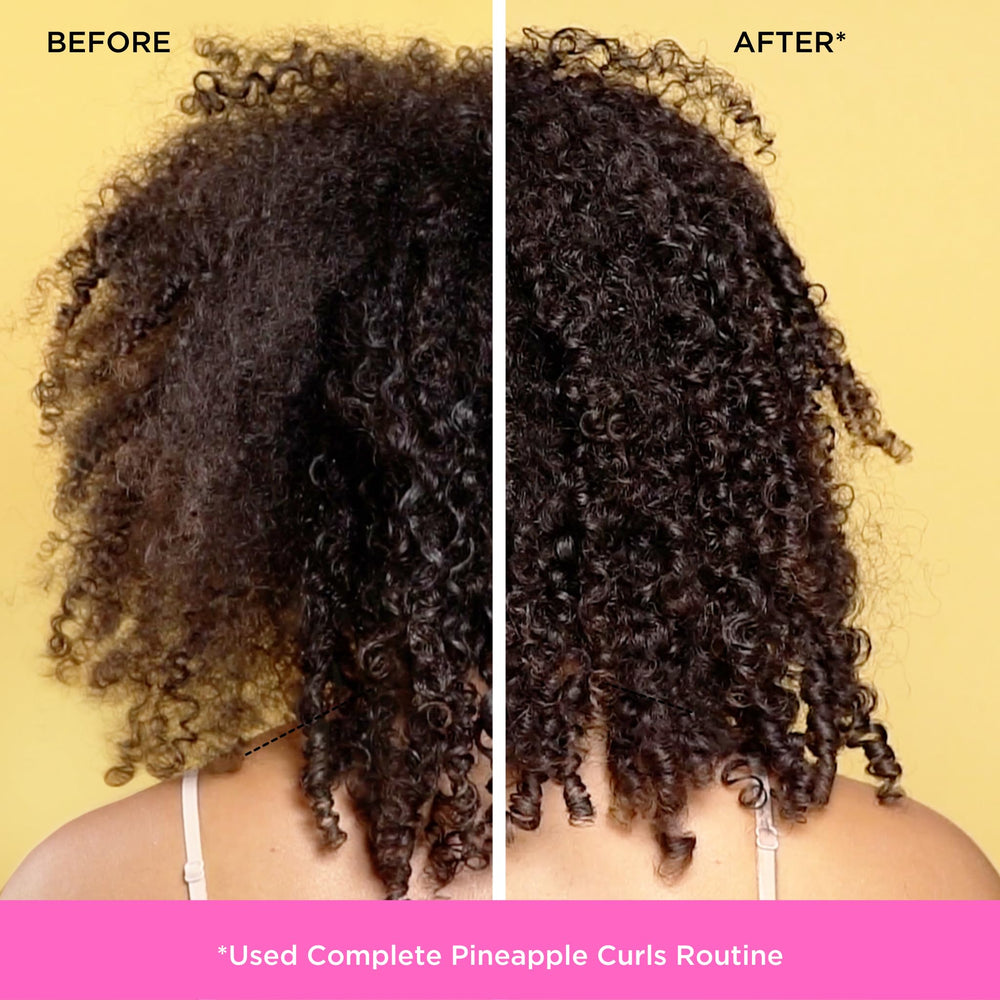 Pacifica Pineapple Swirl Curl Cream during use to tame frizz and define curl texture.