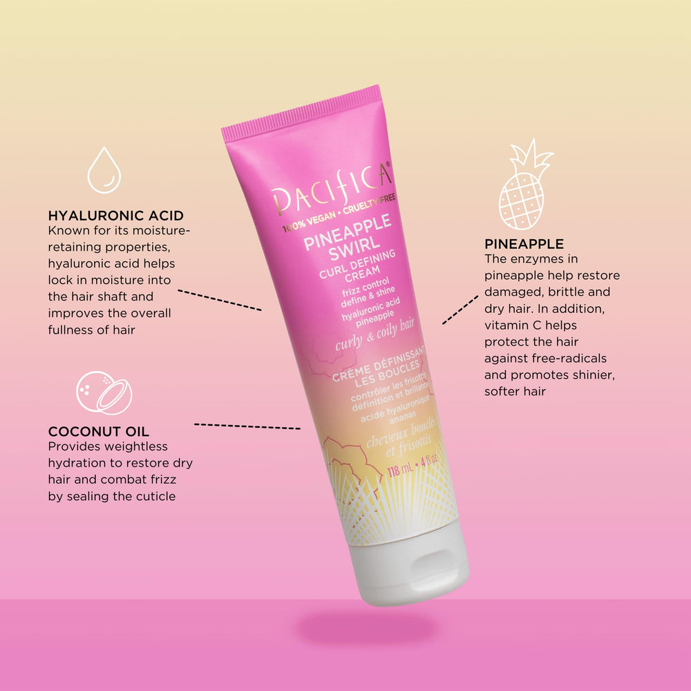 Pacifica Pineapple Swirl Curl Cream bottle with pineapple scent highlighting fresh fragrance.