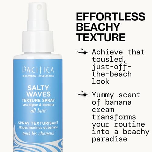 Pacifica Salty Waves banana-scent spray on hair for hydrated, tropical texture.
