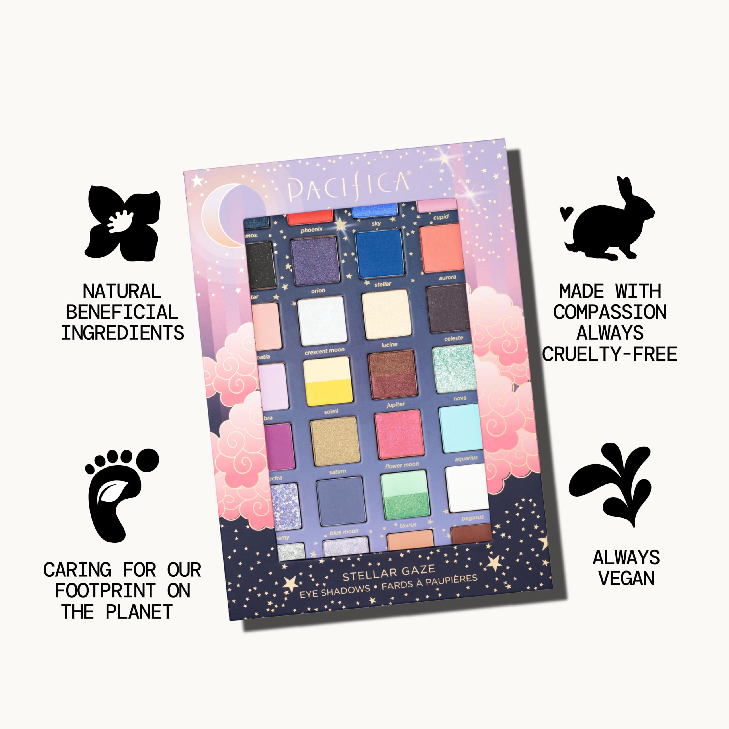 Pacifica Stellar Gaze crease-resistant color payoff on lids.