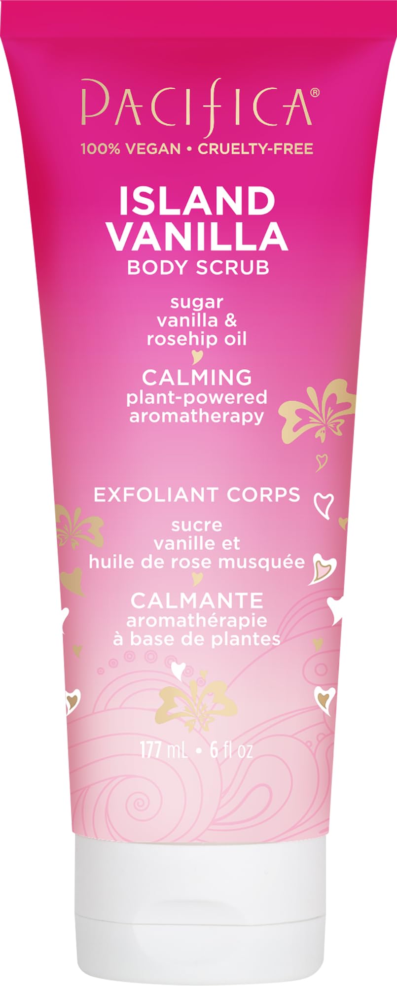 Pacifica Sugar Island Vanilla scrub bottle shows exfoliating sugar for smoother skin.