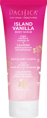 Pacifica Sugar Island Vanilla scrub bottle shows exfoliating sugar for smoother skin.