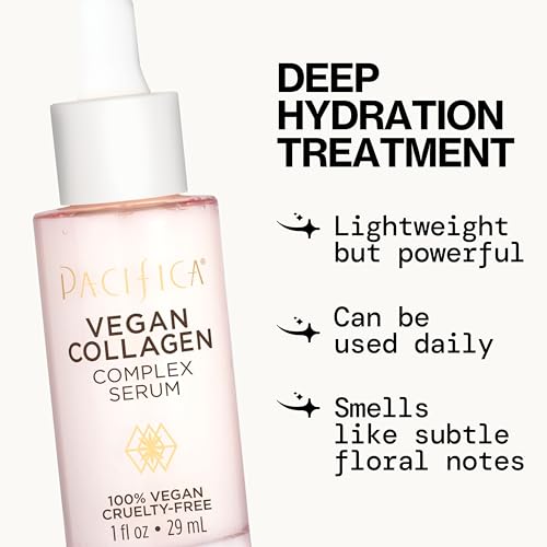 Pacifica vegan collagen complex serum applied to face for plump, radiant skin