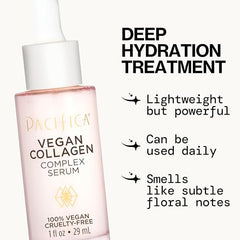Pacifica vegan collagen complex serum applied to face for plump, radiant skin