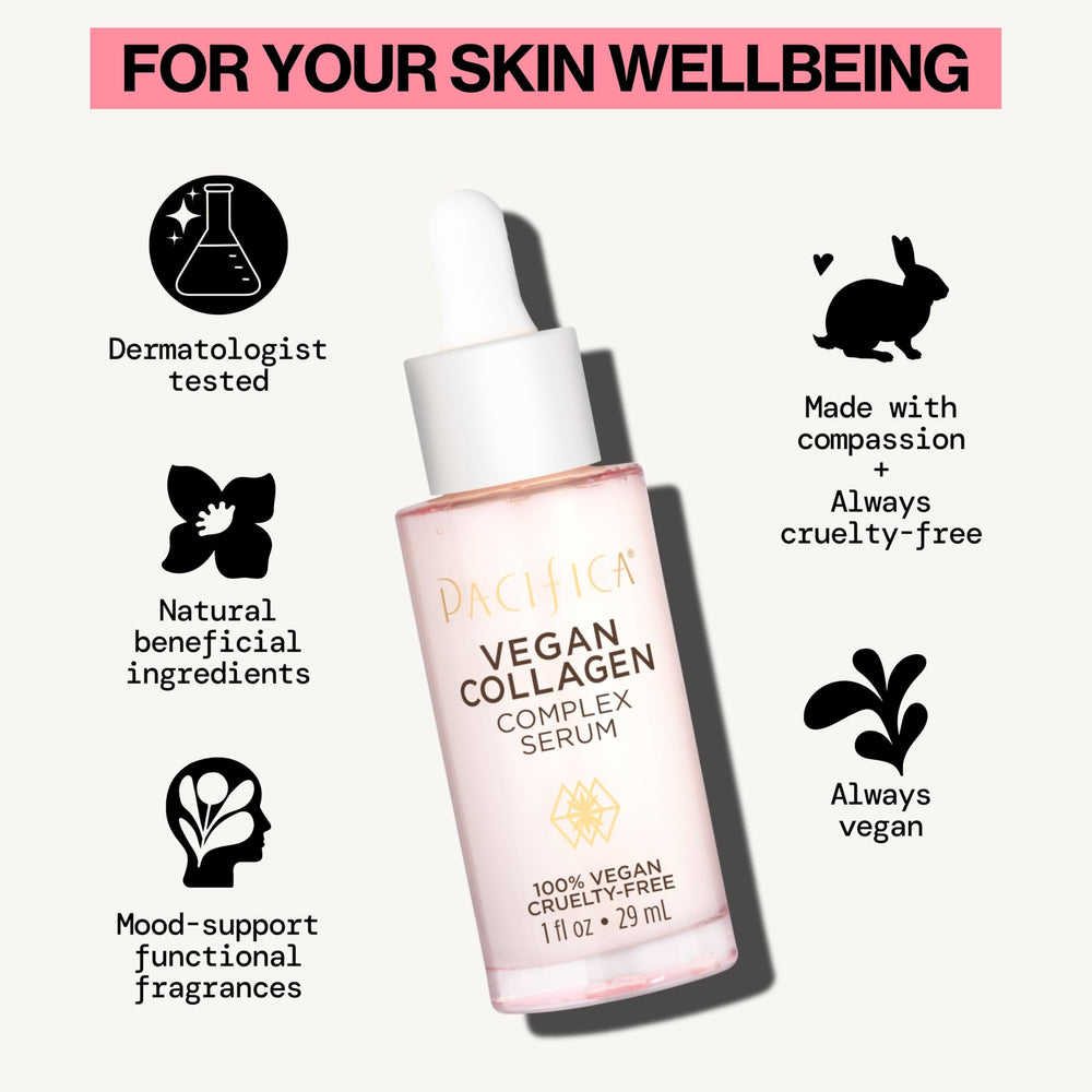 Pacifica vegan collagen complex serum dermatologist‑tested label on packaging