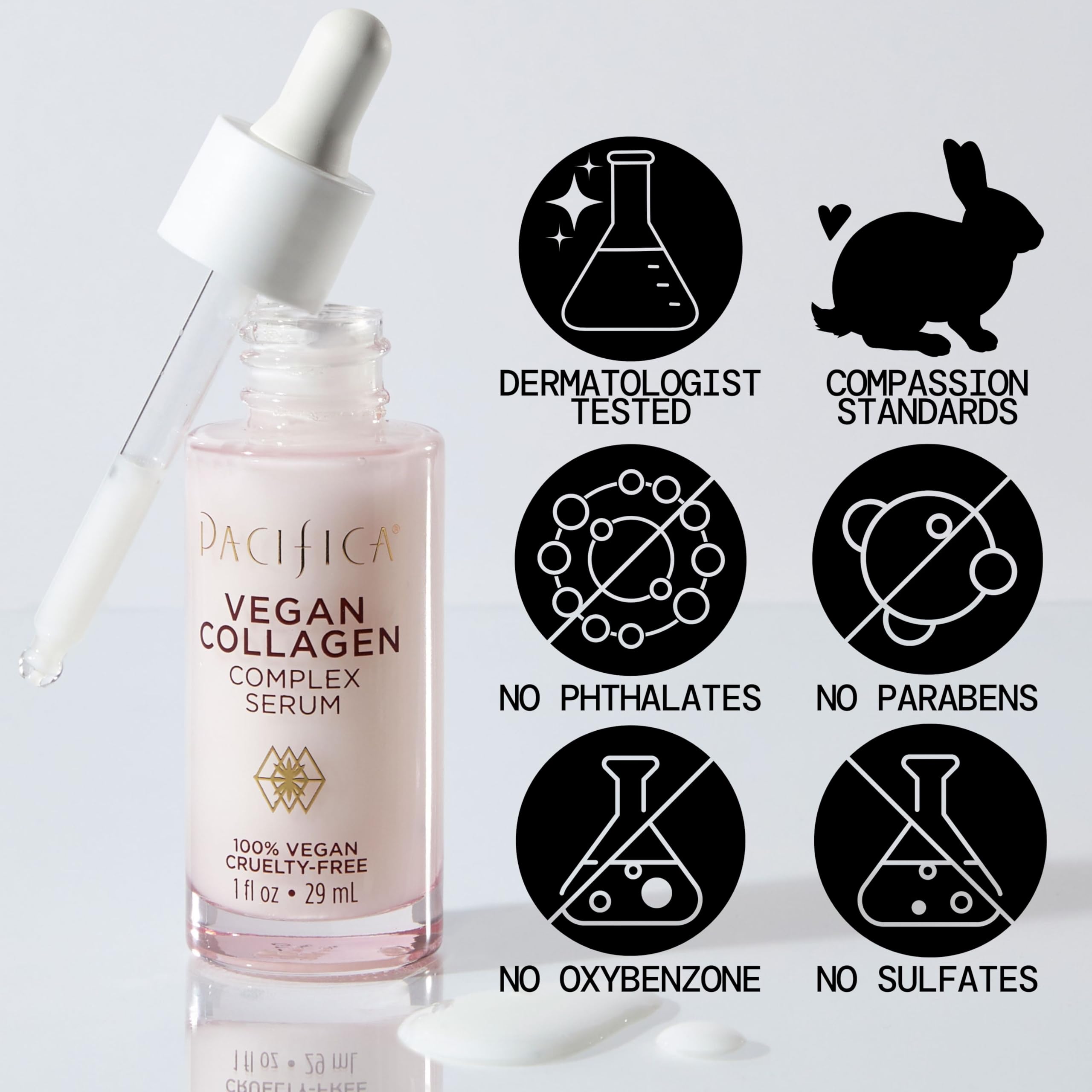 Pacifica vegan collagen complex serum close-up on hyaluronic acid moisture