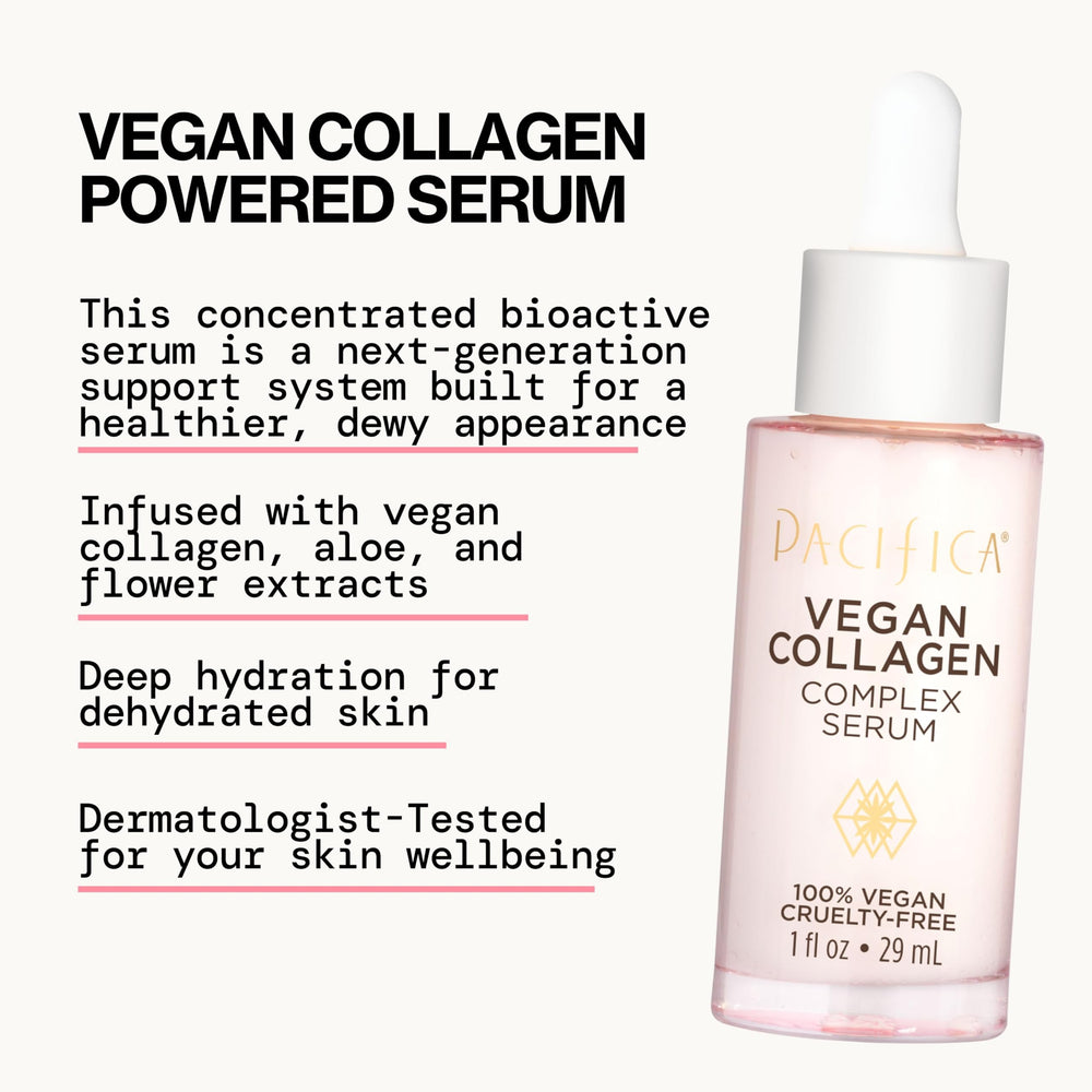 Pacifica vegan collagen complex serum bottle highlighting no harsh chemicals