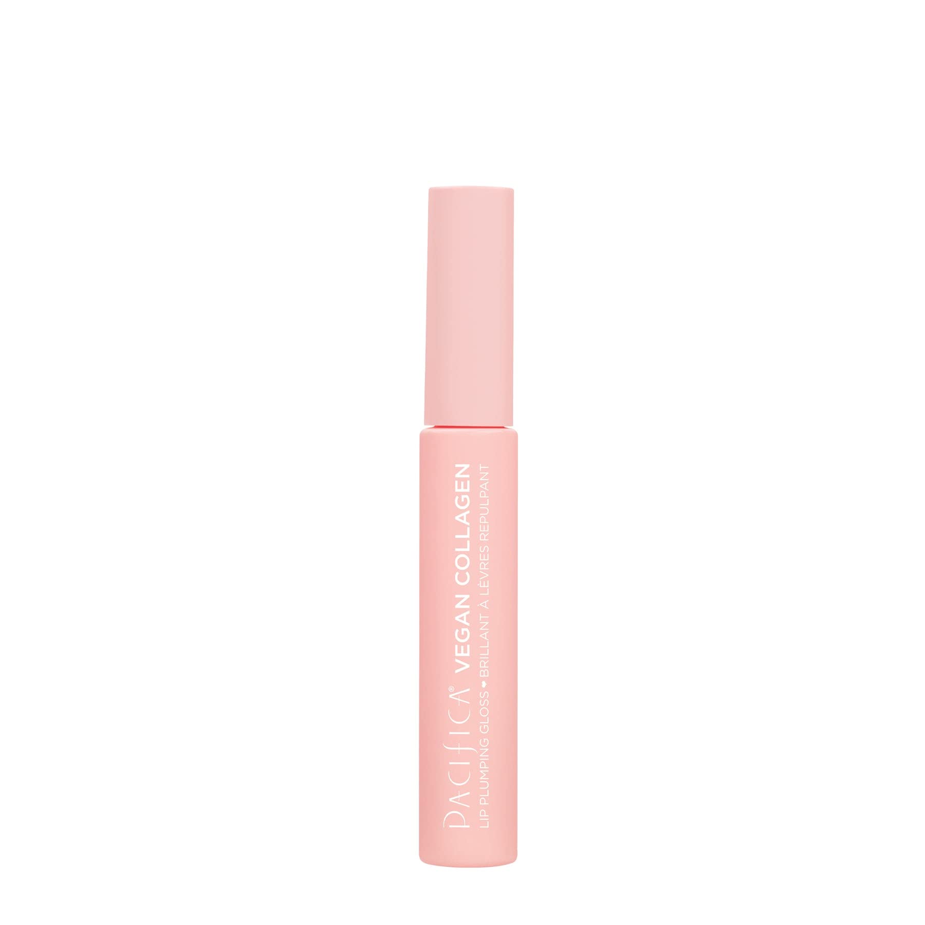 Pacifica Vegan Collagen Lip Plumping Gloss rose-shade designed for all skin tones with subtle shimmer.