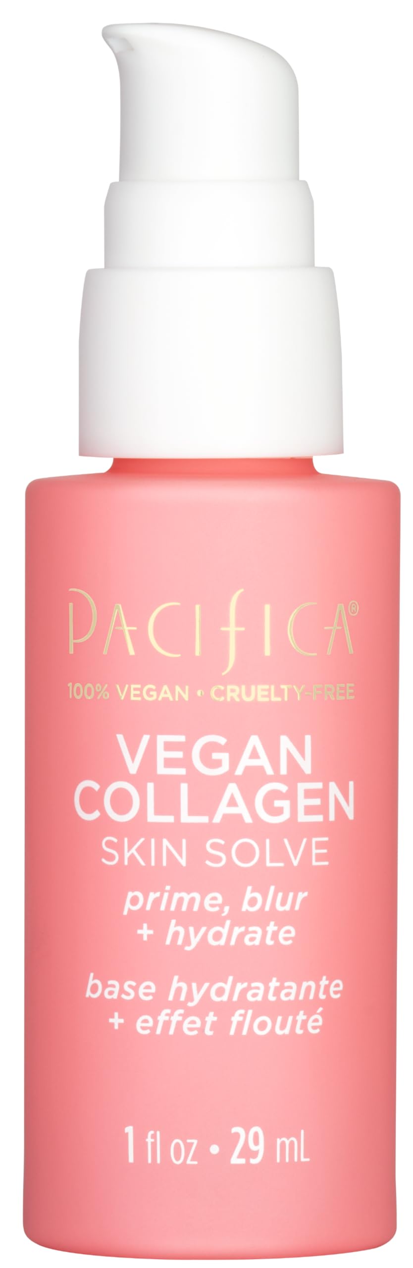 Pacifica Vegan Collagen Skin Solve Primer bottle shows hydrating base for makeup.