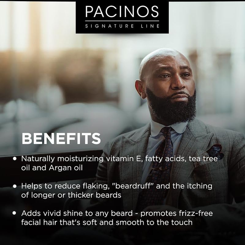 Pacinos beard oil dropper showing easy, controlled application for daily care
