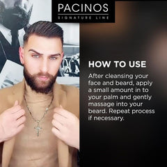 Pacinos beard oil on a shiny beard displaying natural gloss