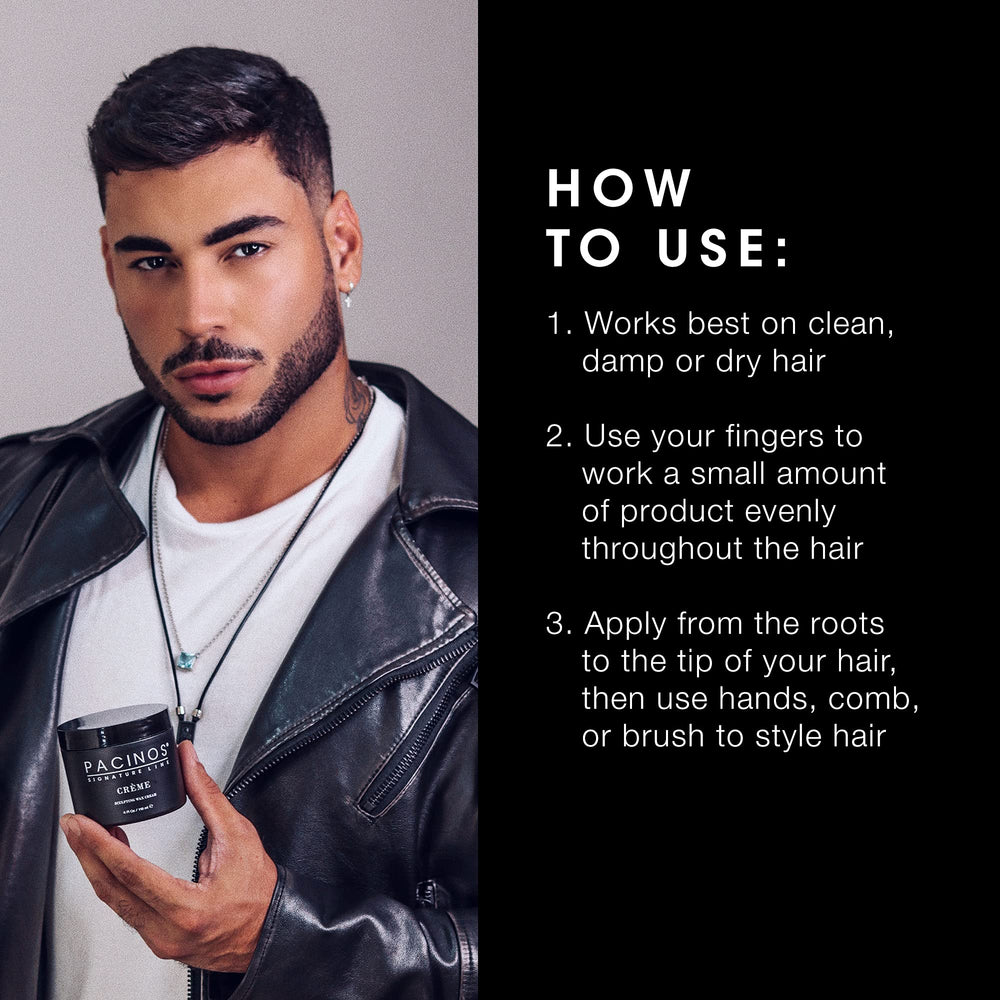 Pacinos Creme Wax Cream model-style image hints at versatile, modern hairstyles