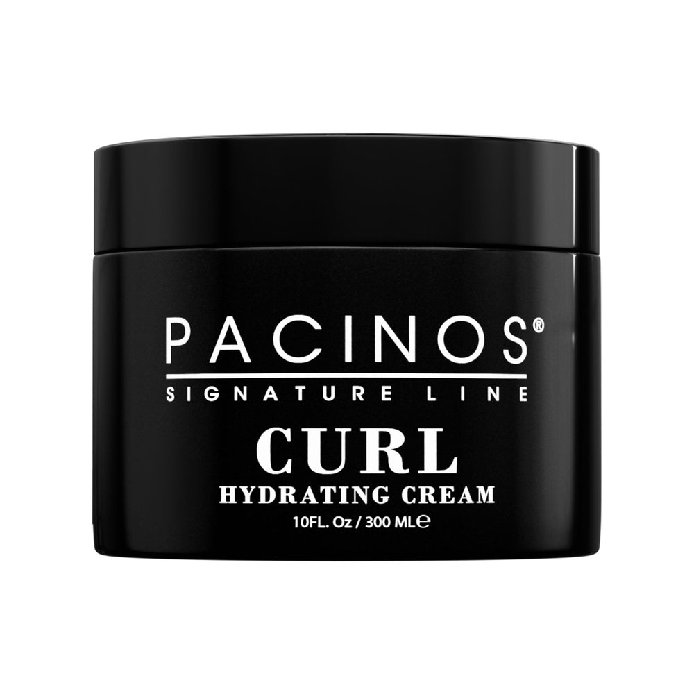 Pacinos Curl Hydrating Cream bottle closeup demonstrates moisture-rich hydration for defined, touchable curls.