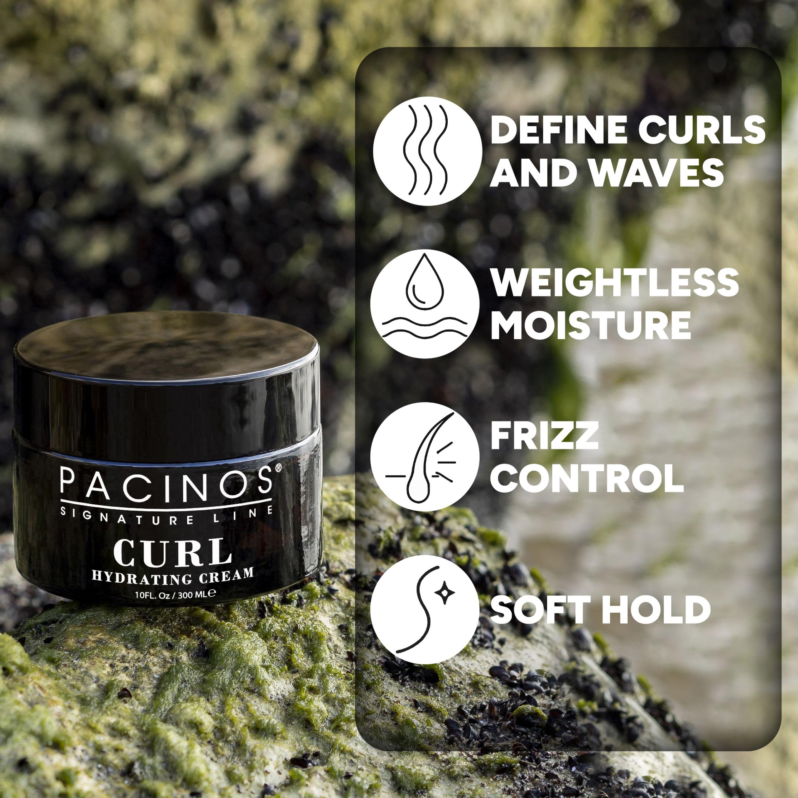 Pacinos Curl Hydrating Cream swirled texture shows creamy formula for frizz control.