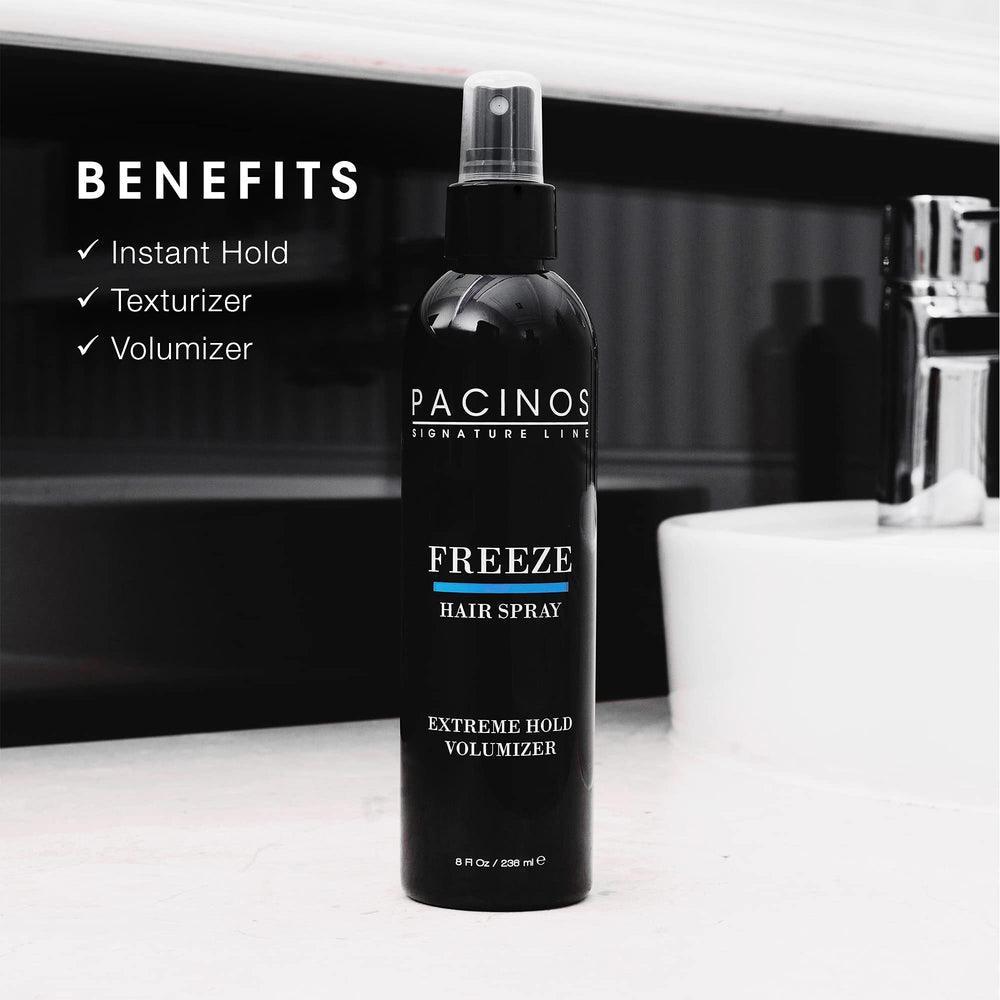 Pacinos Freeze Hair Spray application on hands showing use