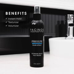 Pacinos Freeze Hair Spray application on hands showing use