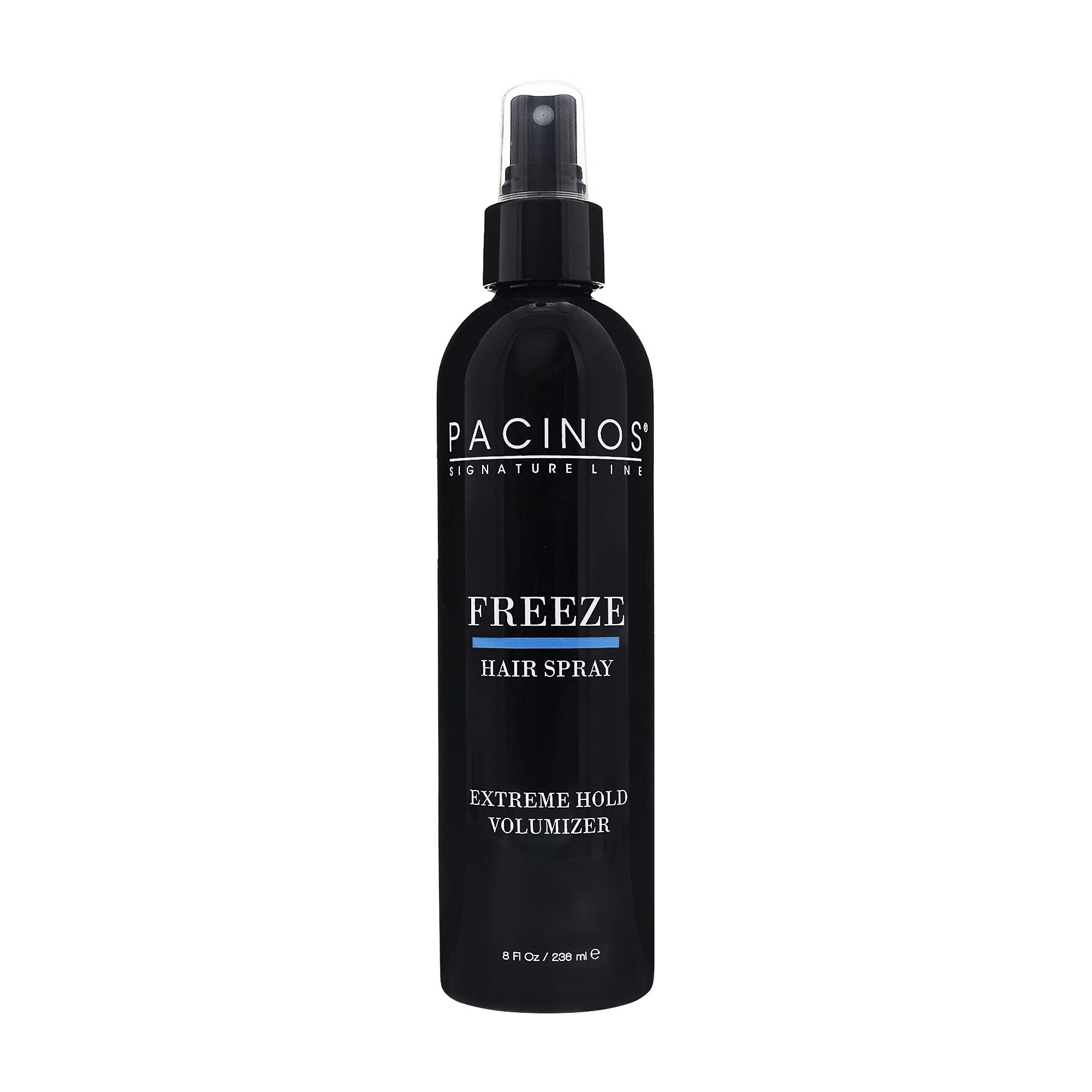 Pacinos Freeze Hair Spray bottle showing extra hold for all hair types