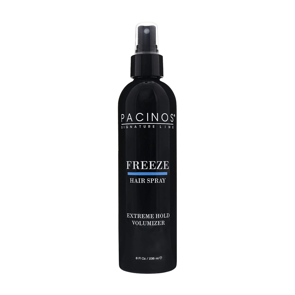 Pacinos Freeze Hair Spray bottle showing extra hold for all hair types