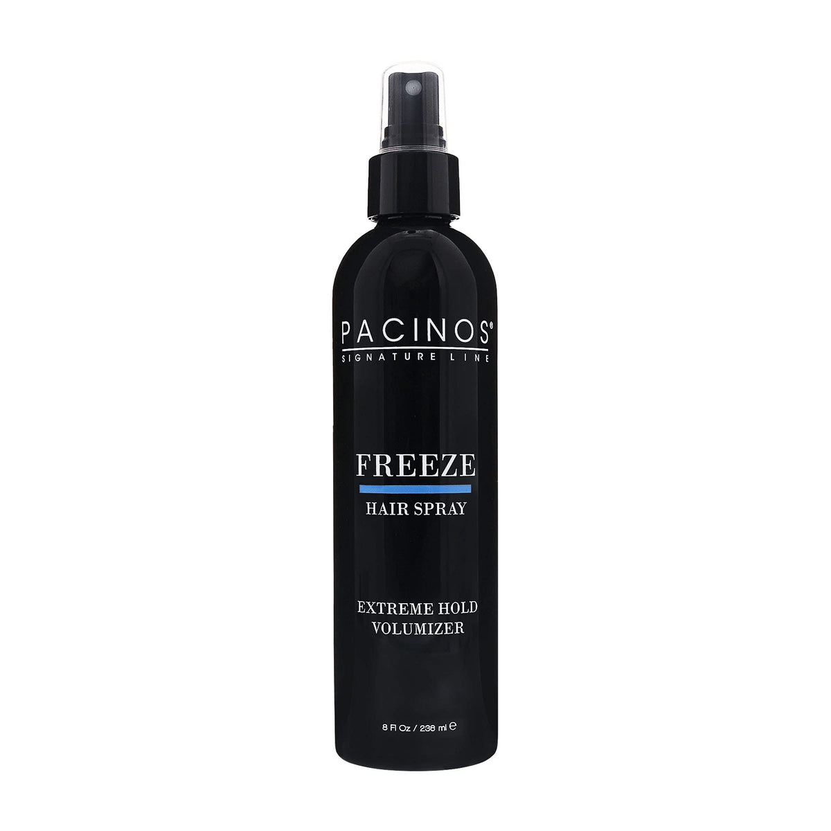 Pacinos Freeze Hair Spray bottle showing extra hold for all hair types