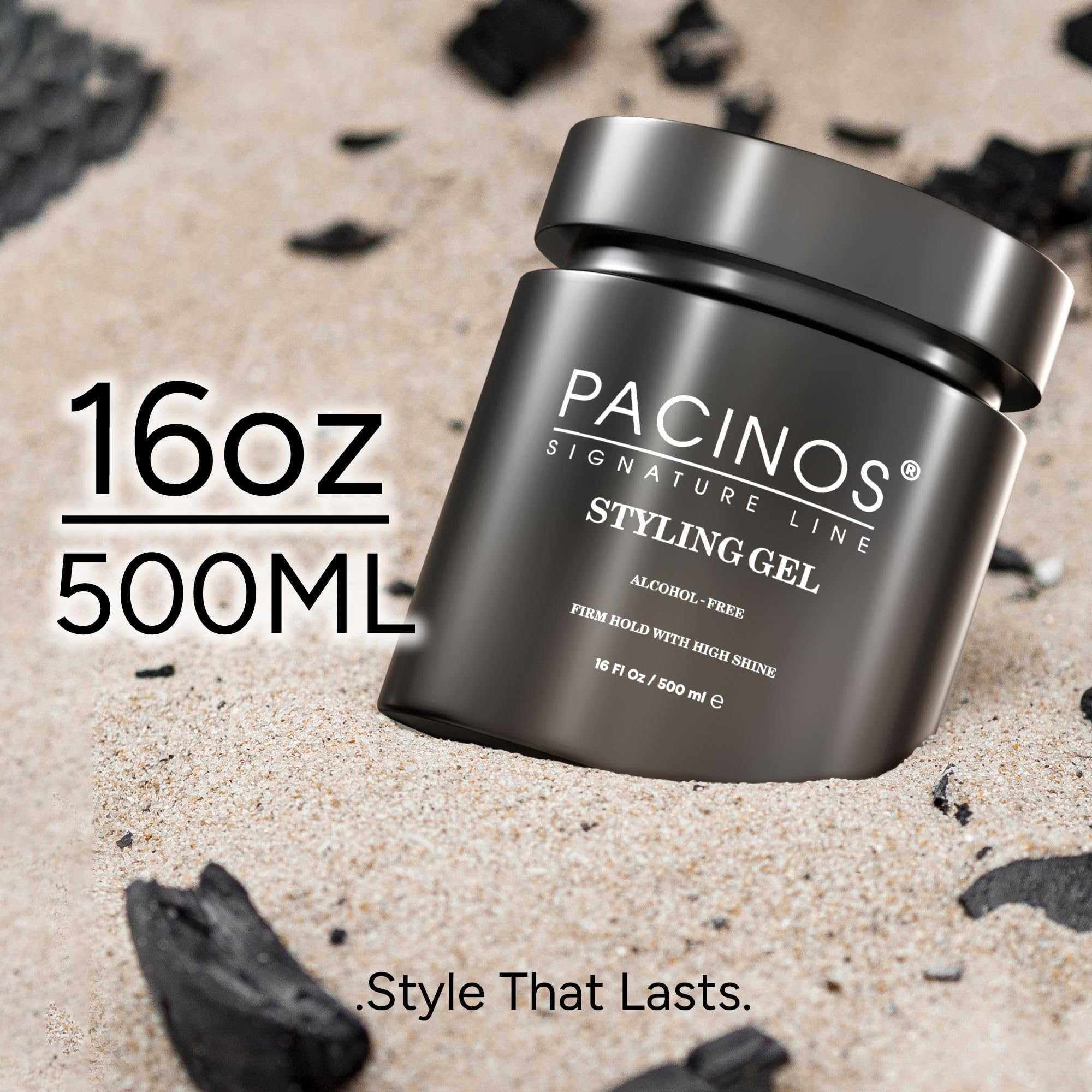 Pacinos Hair Gel 16oz packaging image emphasizes generous size.