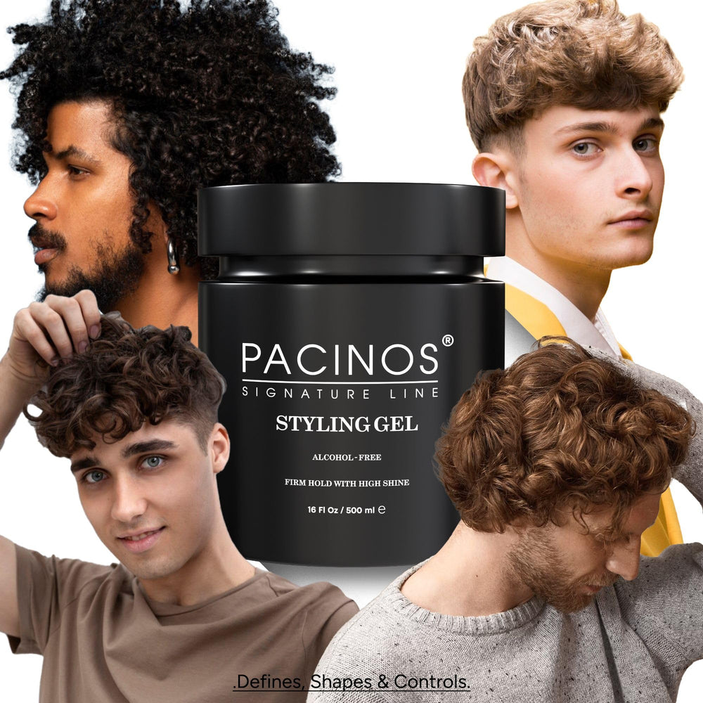 Pacinos Hair Gel application swatch on dry hair illustrates easy-to-apply styling.