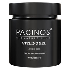 Pacinos Hair Gel bottle front view shows all-day firm hold potential.