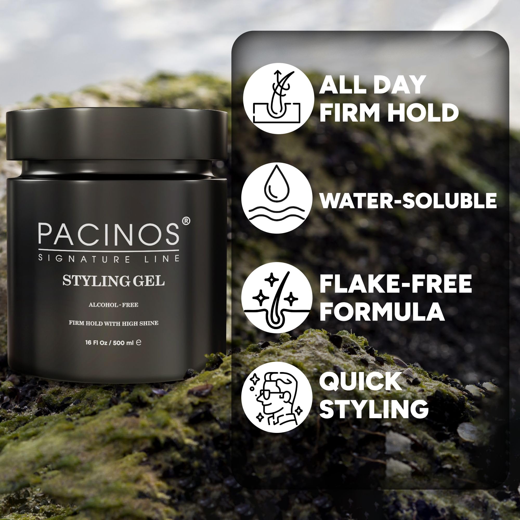 Pacinos Hair Gel high-shine wet look on hair shows premium finish.