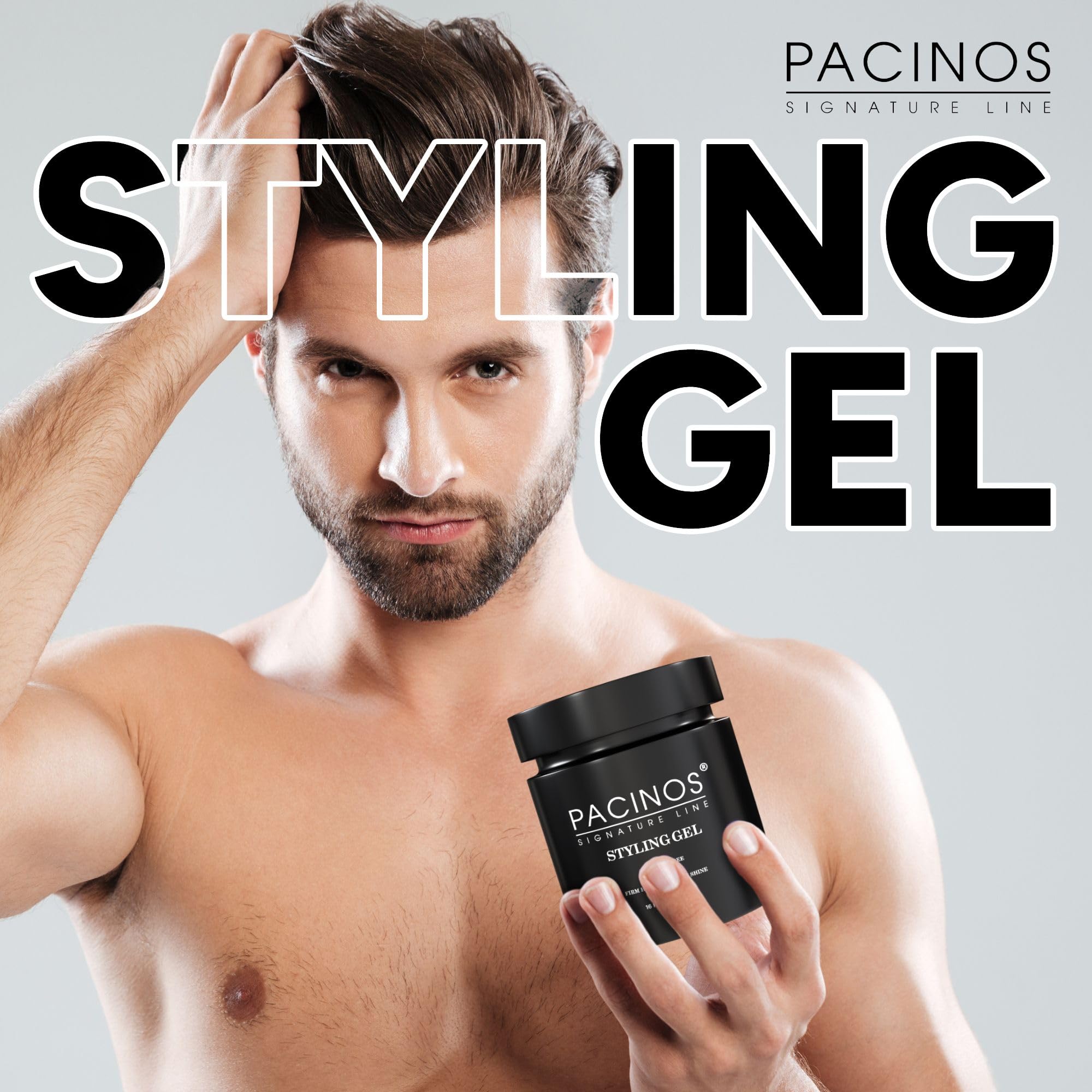 Pacinos Hair Gel label closeup highlights simple, rinse-friendly formula.
