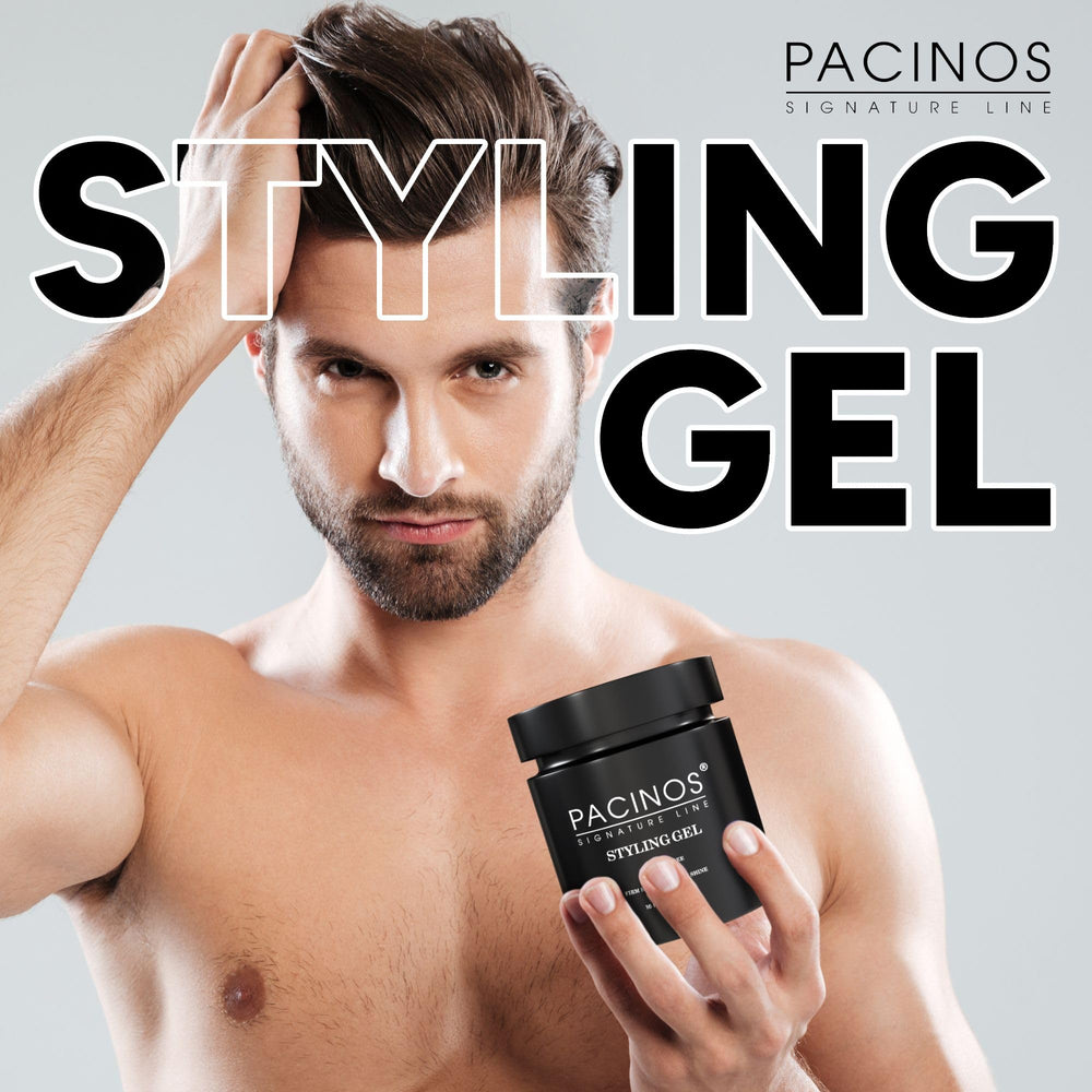 Pacinos Hair Gel label closeup highlights simple, rinse-friendly formula.