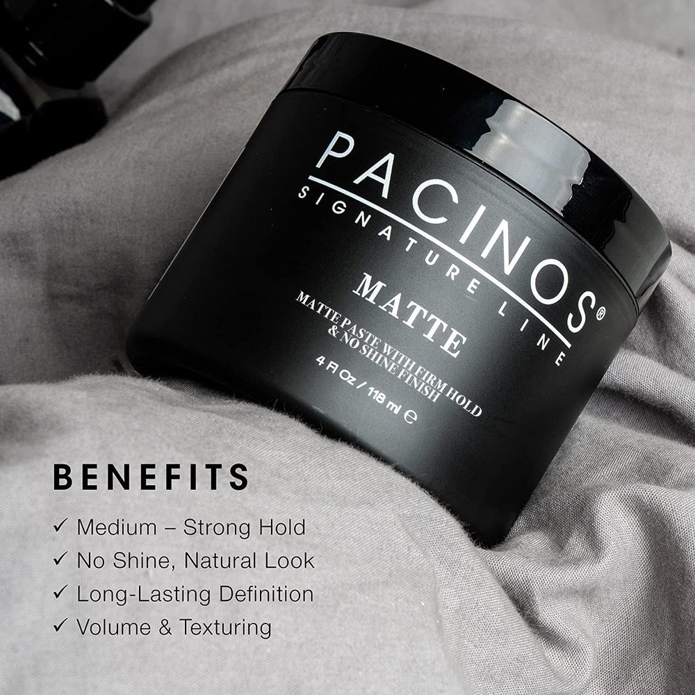 Applying Pacinos Matte Hair Paste to damp hair shows flexible hold.