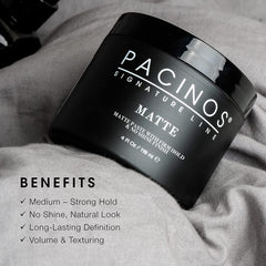 Applying Pacinos Matte Hair Paste to damp hair shows flexible hold.
