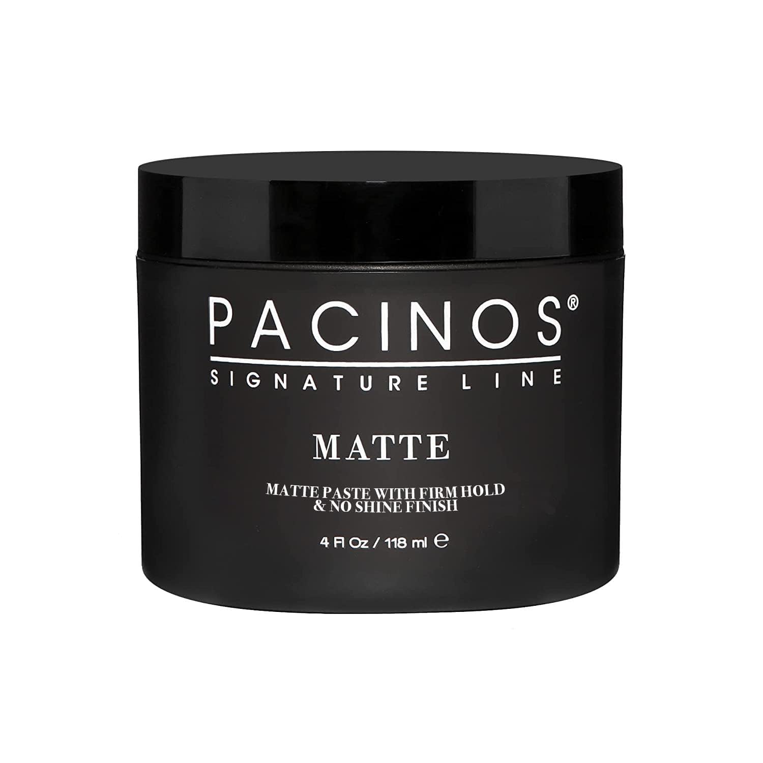 Pacinos Matte Hair Paste packaging shows long-lasting medium hold for all hair types.