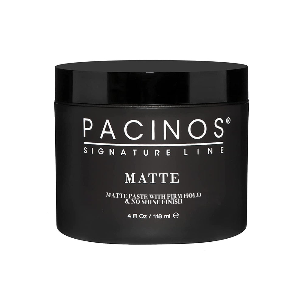 Pacinos Matte Hair Paste packaging shows long-lasting medium hold for all hair types.