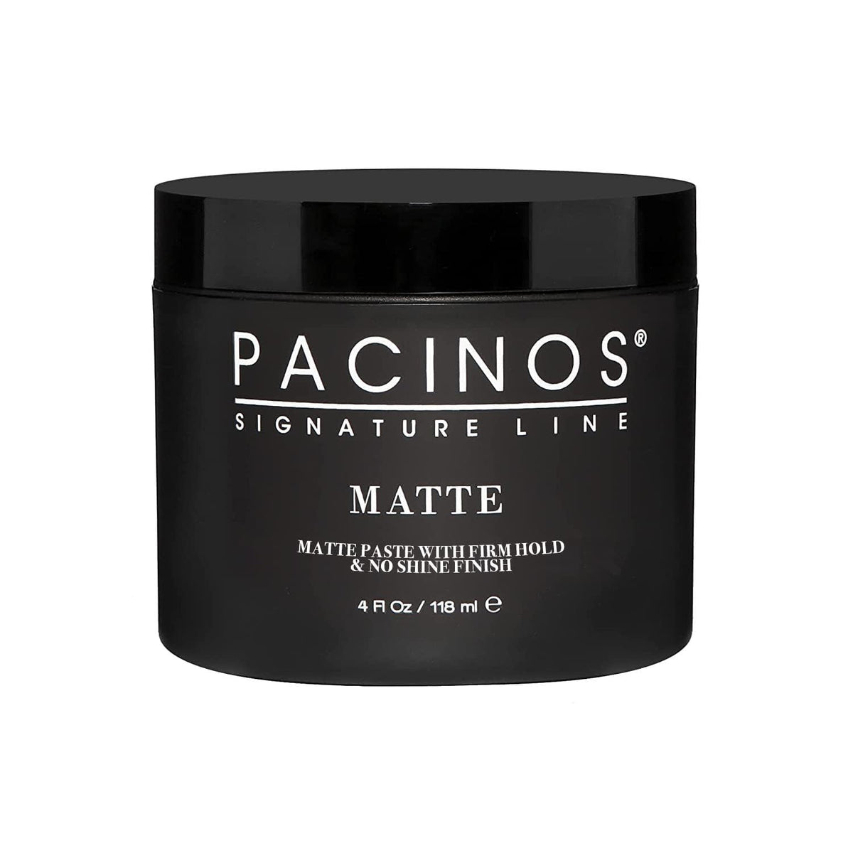 Pacinos Matte Hair Paste packaging shows long-lasting medium hold for all hair types.