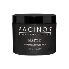 Pacinos Matte Hair Paste packaging shows long-lasting medium hold for all hair types.