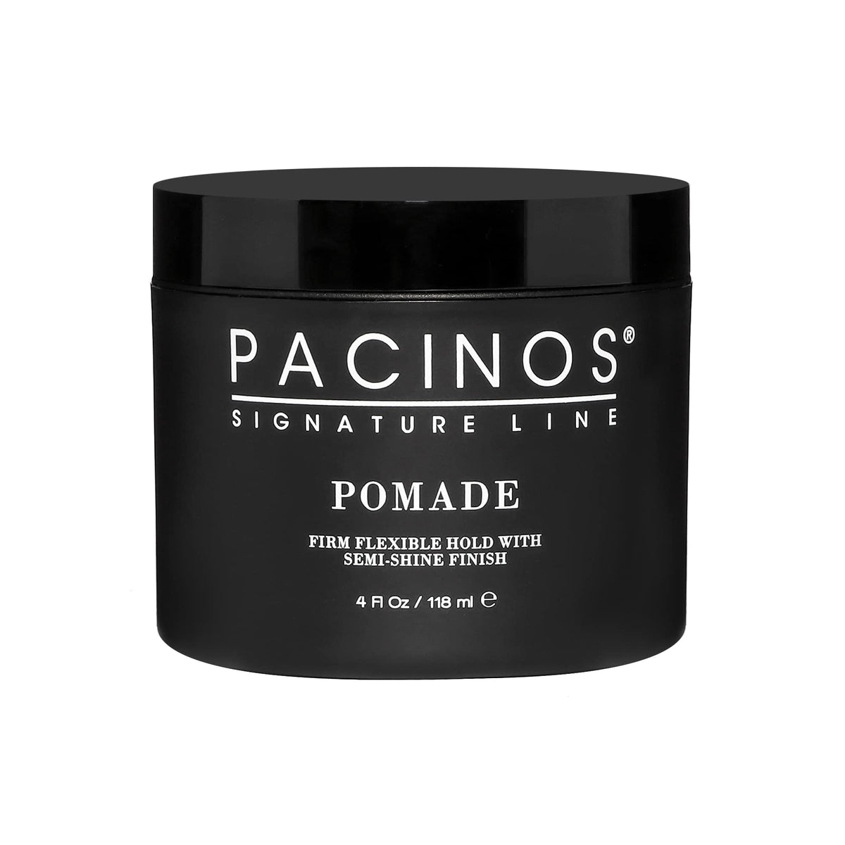 Pacinos Pomade bottle front shows high shine and flexible hold for all hair types.